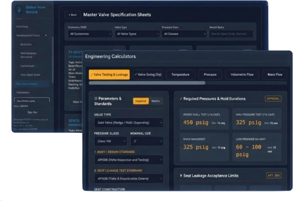 Built-in API 598/526 Engineering Calculators