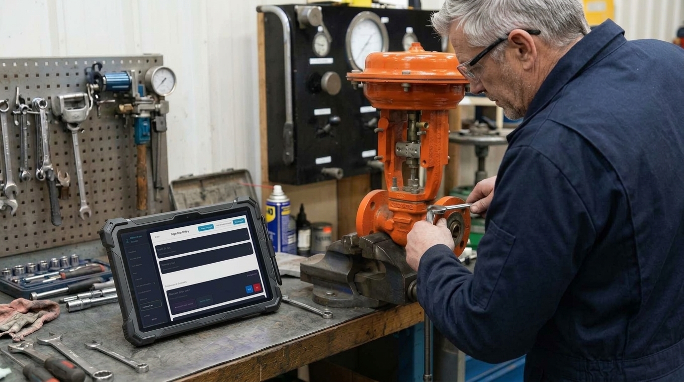 Valve Service Technician Working on Control Valve with Rugged Tablet Resting on Workbench