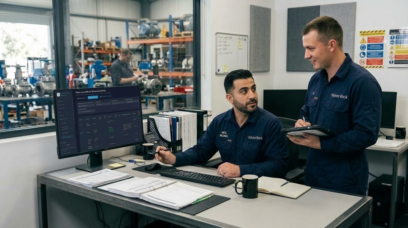 Workshop service manager and valve technician reviewing custom co-branded client portal on desktop monitor